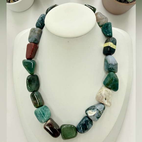 Massive Chunky Multi Agate Nugget Statement Necklace 16” 154g Natural Stone Boho - Picture 4 of 17